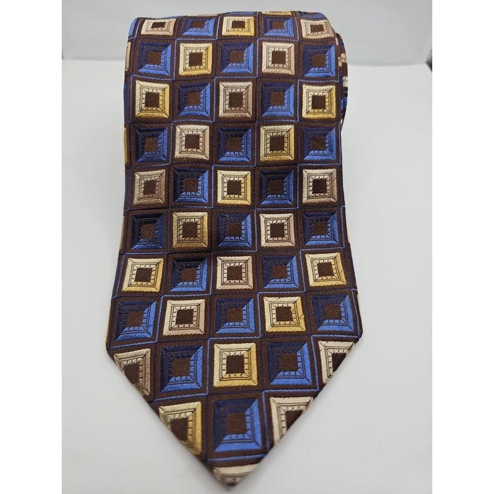XMI Platinum Geometric Tie 100% Silk Hand Made Brown‎ Blue Gold 3.5" x 62"